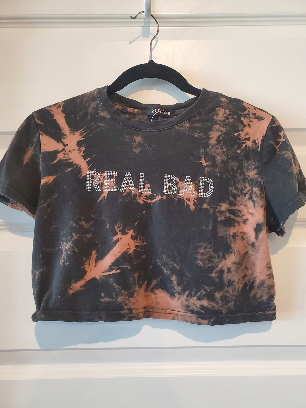 Zoya Black & Orange Tie-Dye Rhinestone "REAL BAD" Crop Top